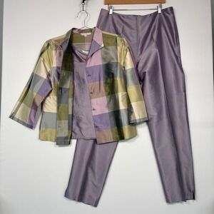 Connie Roberson Women Pant Suit Set L 14 Lavender Silk 3pc Plaid Jacket Tank Top